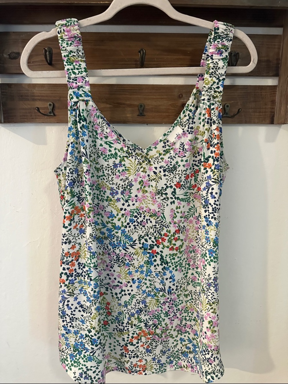 CAbi White Floral V-Neck Tank with Multi-Color Print